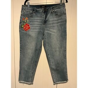 Earl Jean Women's Blue Denim Embroidered Floral Butterfly‎ Cropped Jeans Size 12
